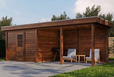 Lugarde Select blokhut Apeldoorn 300x250cm + 400cm overkapping- Bruine olie 1